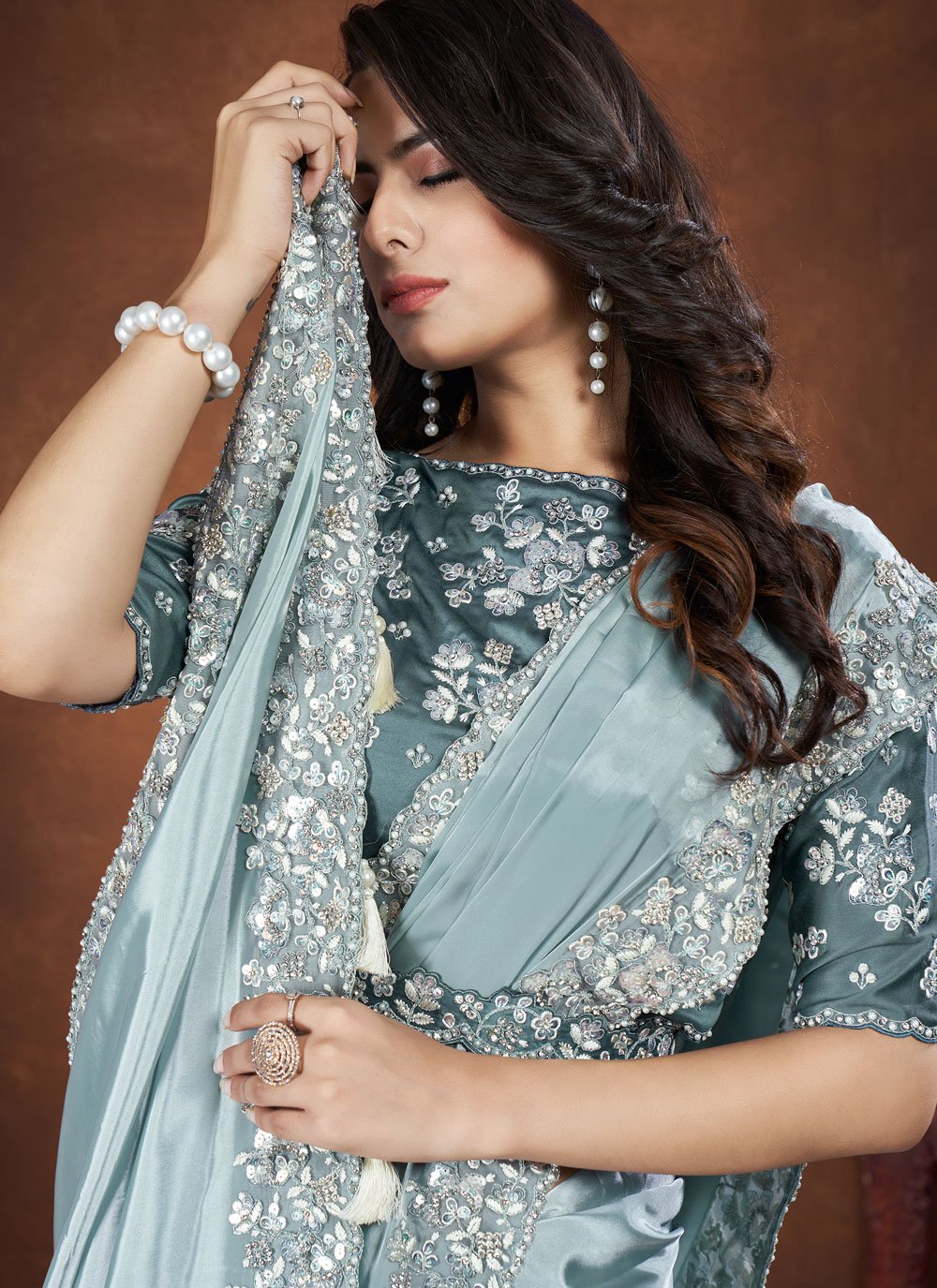 Blue Crepe Satin Silk Saree with Malai Satin Stitched Blouse