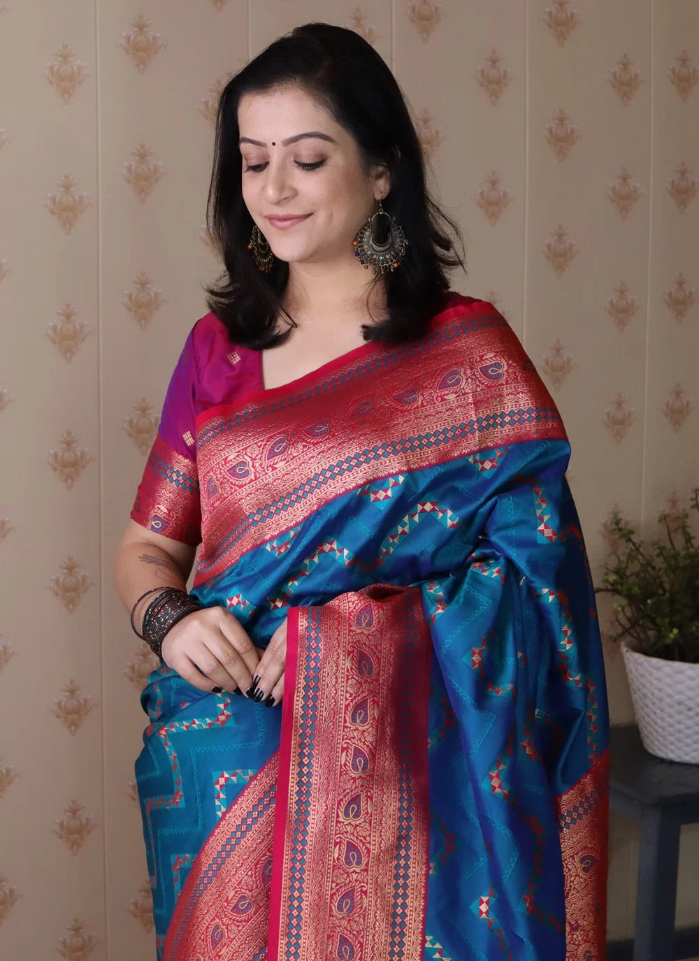 designer banarasi silk saree blue with gold zari