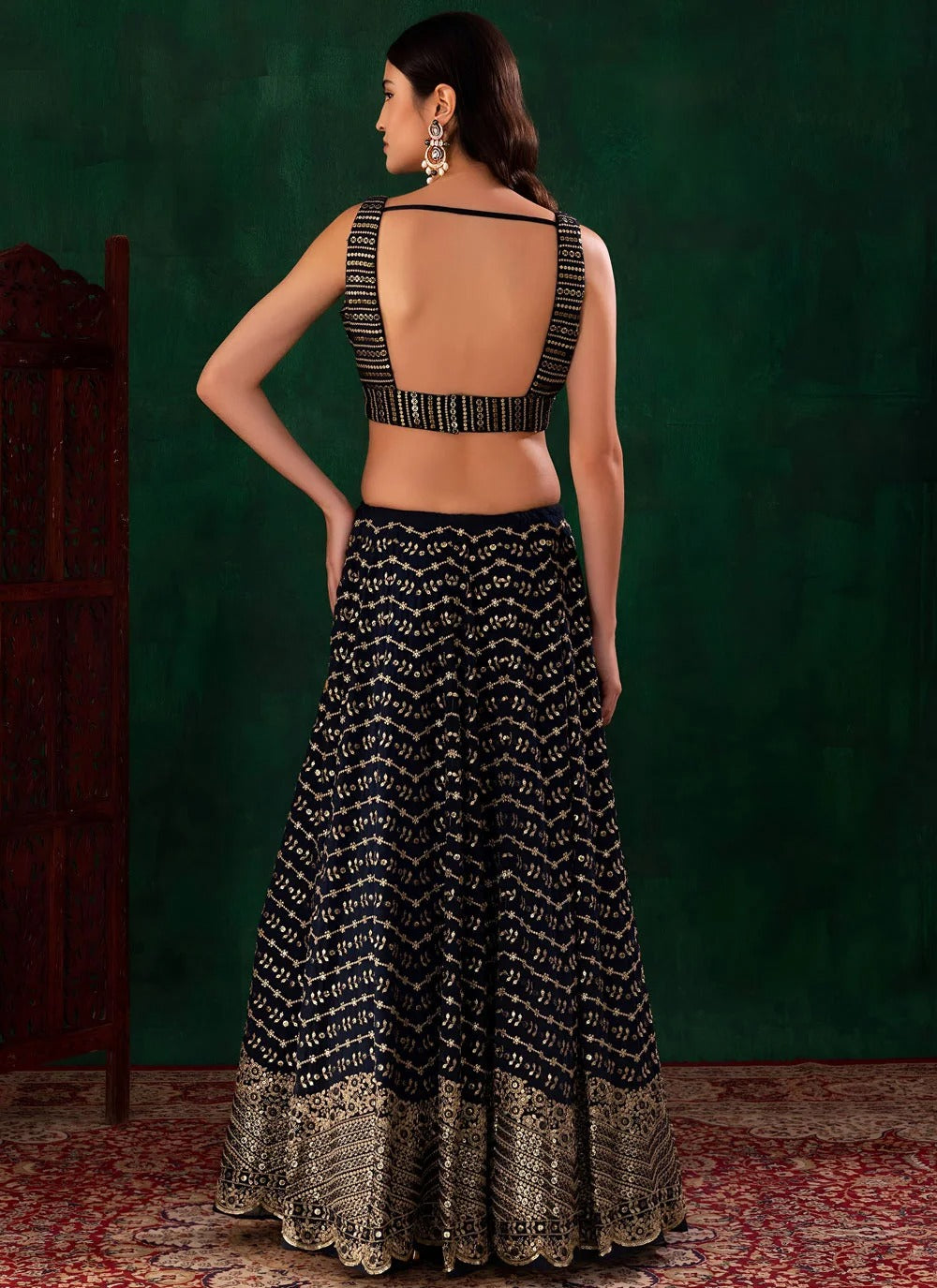 Sequins embroidered blue lehenga with organza dupatta
