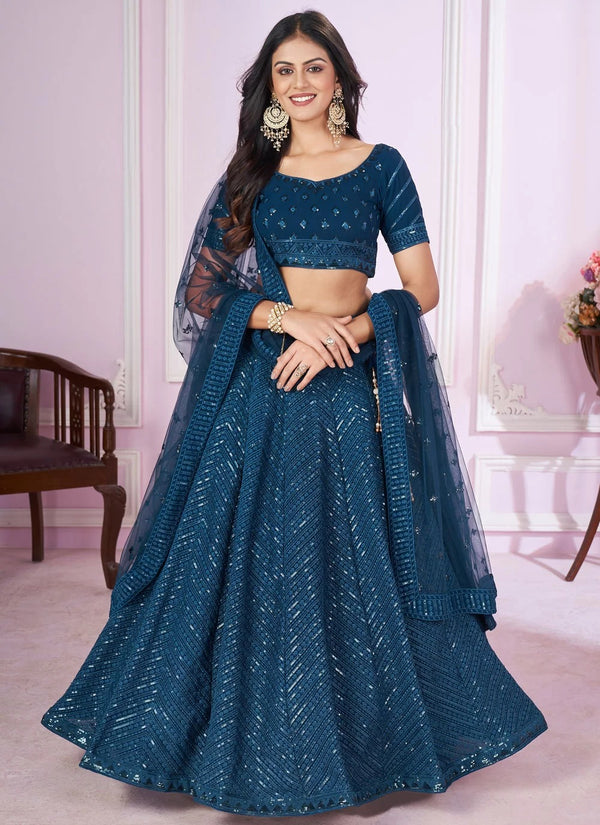 Blue georgette side slit lehenga with sequins embroidery