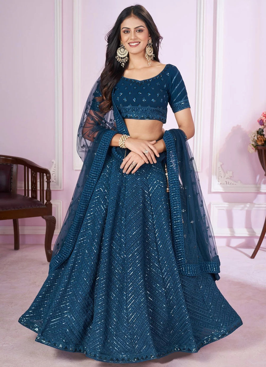 Blue georgette side slit lehenga with sequins embroidery