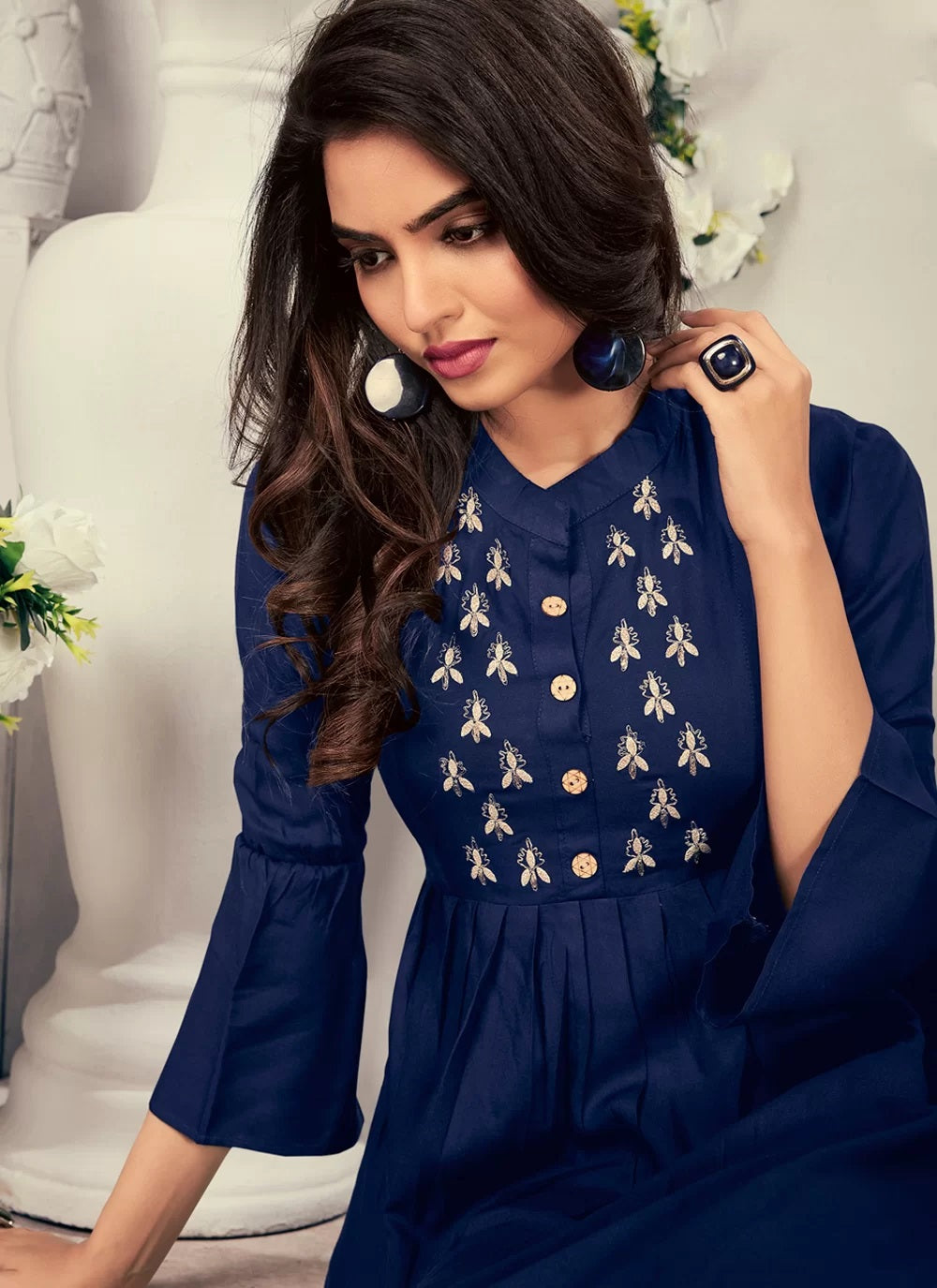 Blue Heavy Rayon Embroidered Feeding Kurti With Both Side Zip