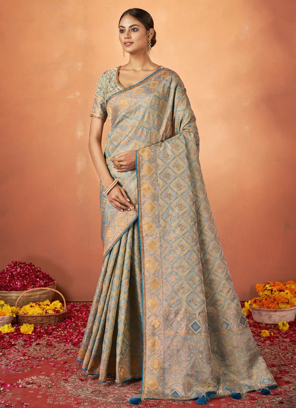 Blue Indian Traditional Saree In Tusser Satin Silk