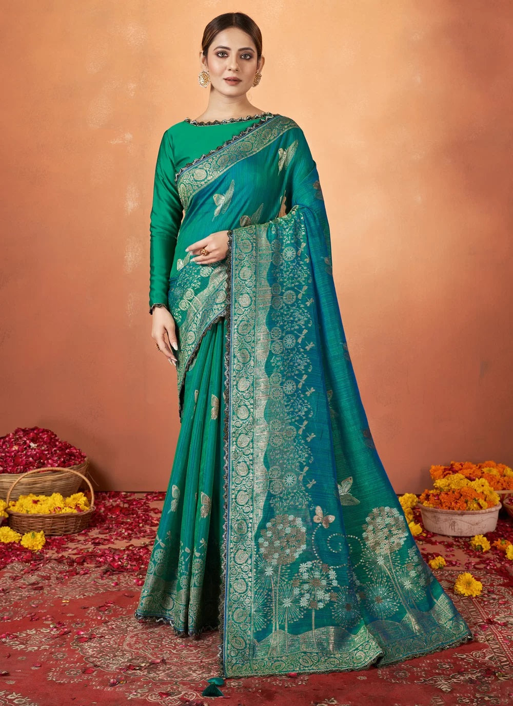 Blue Kanjivaram two tone Silk HandWork Wedding Saree