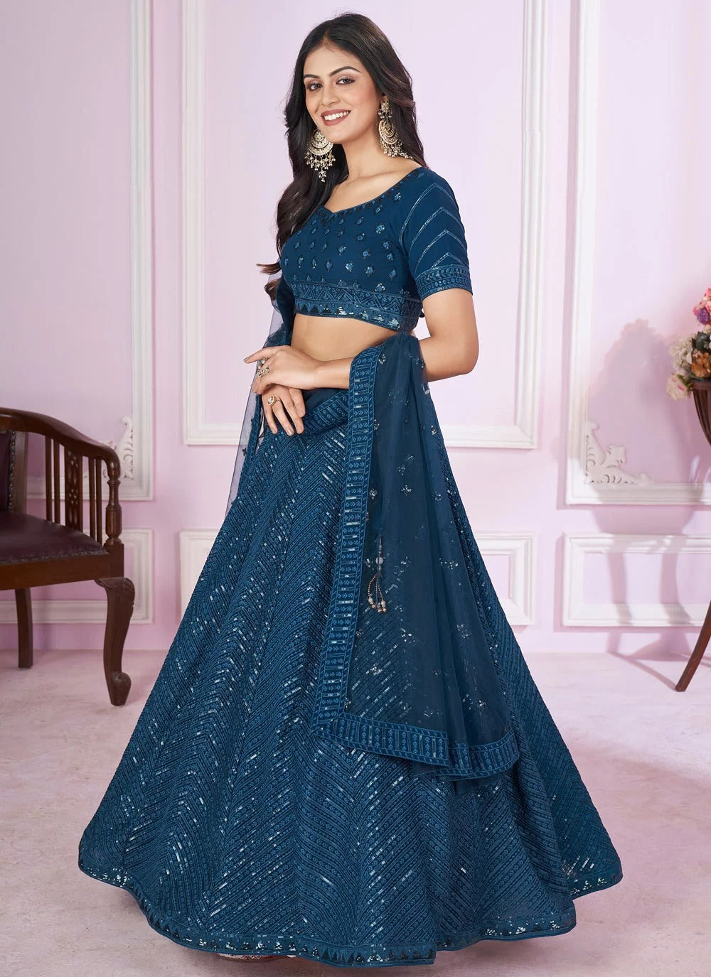 Modern blue sider lehenga for wedding guest outfit
