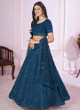 Modern blue sider lehenga for wedding guest outfit