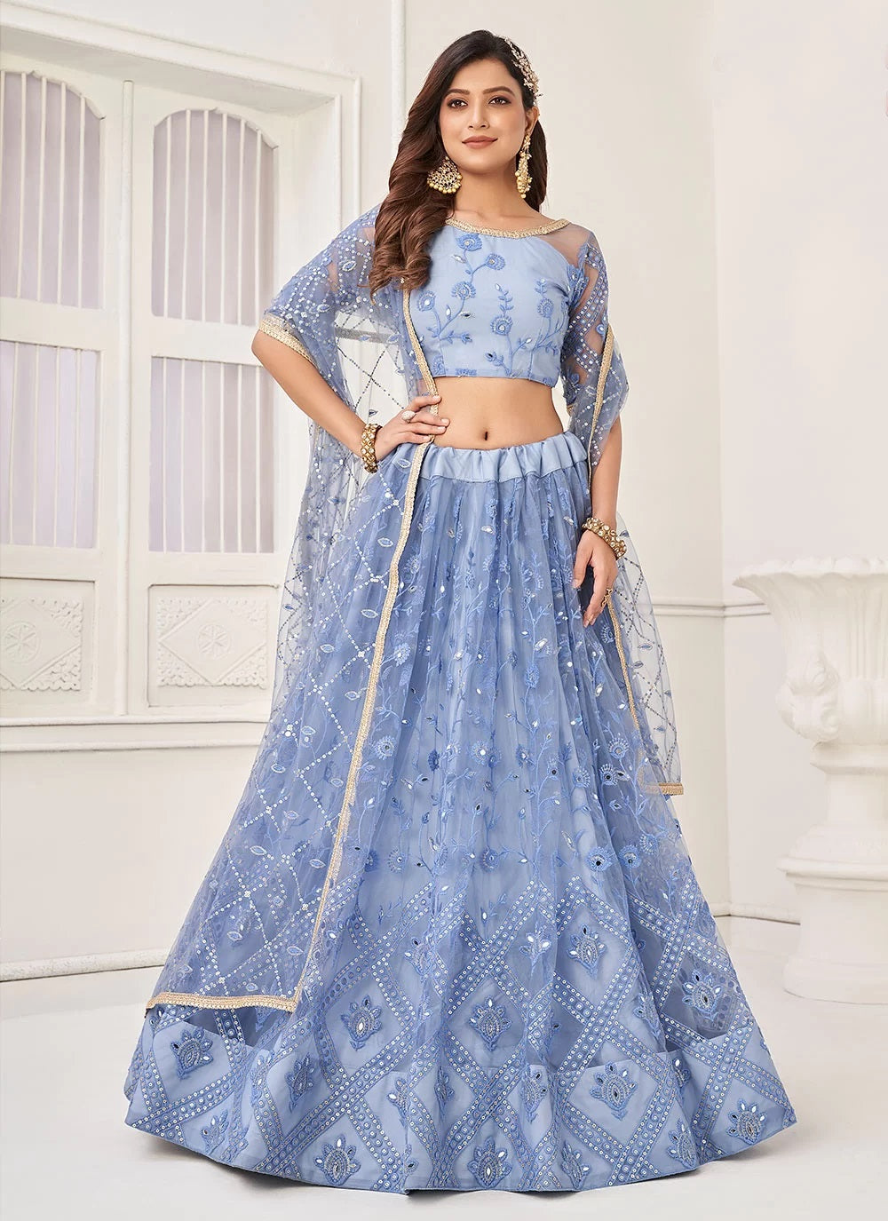 Blue Net Sequins Embroidered Lehenga For Bridesmaid