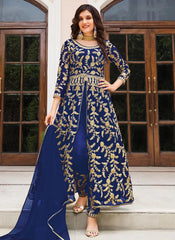 Blue Sequins Embroidered Net Slit Style Abaya Style Suit