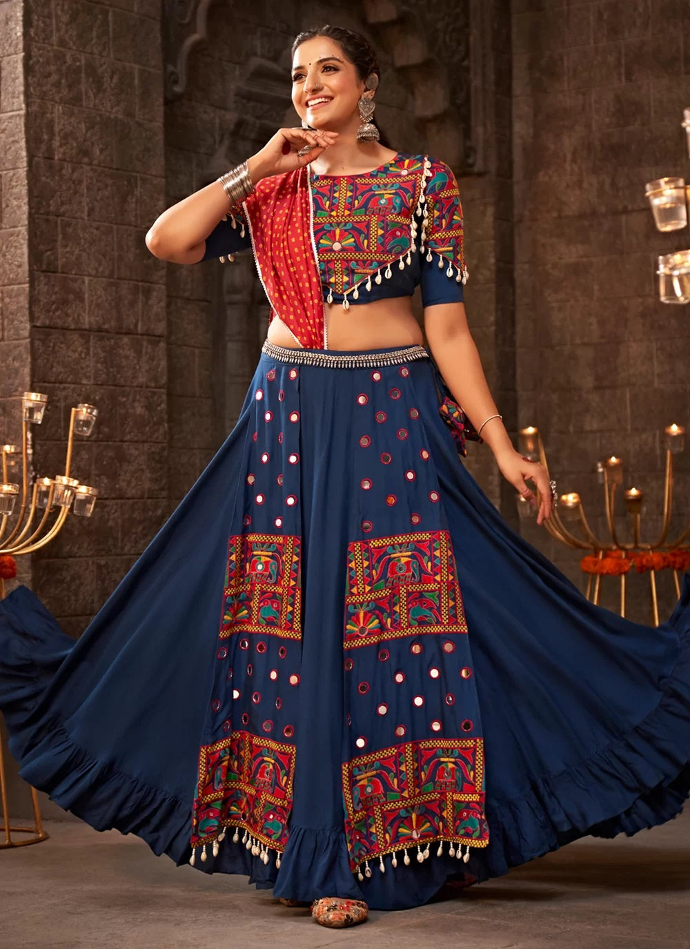 Blue Thread Embroidered Chaniya Choli For Indian Navratri Festival