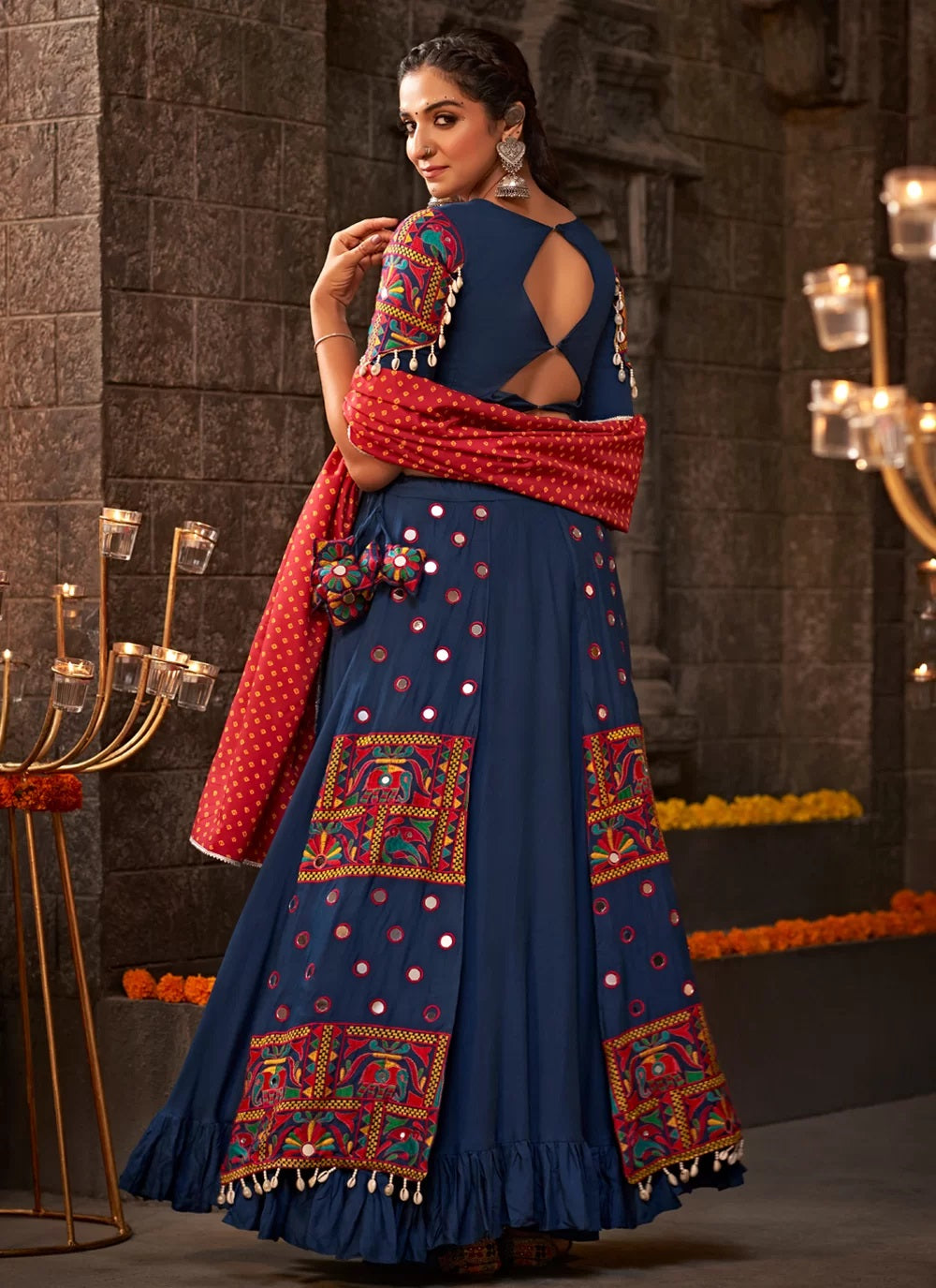 Blue Thread Embroidered Chaniya Choli For Indian Navratri Festival