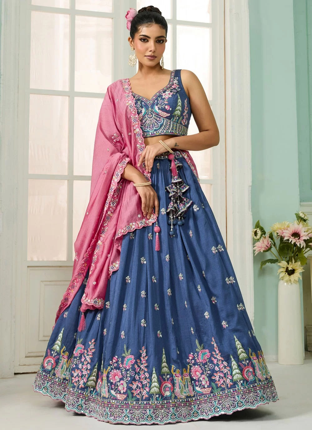 Party wear lehenga for women in blue vichitra silk with heavy embroidery