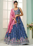 Party wear lehenga for women in blue vichitra silk with heavy embroidery