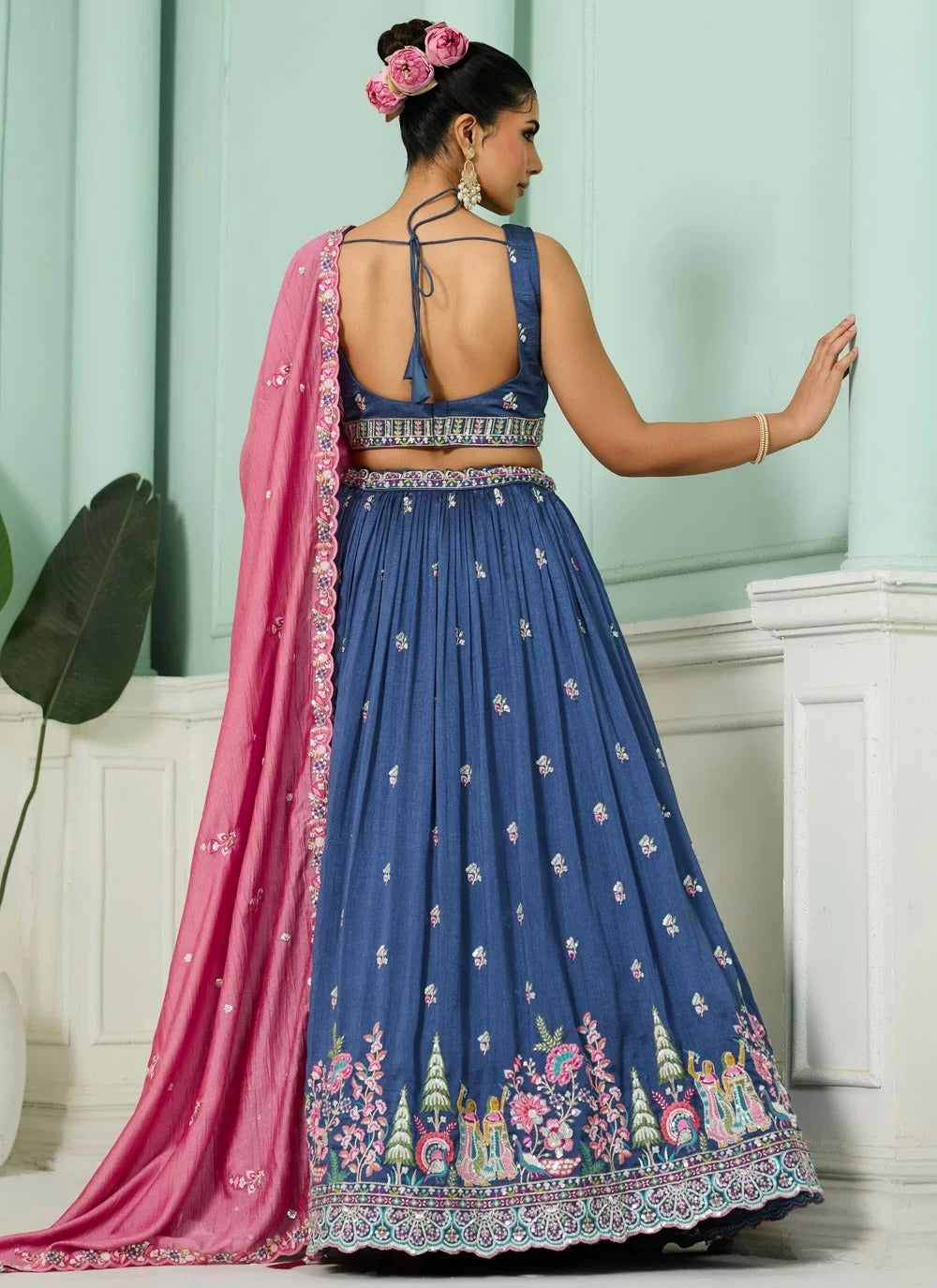 Blue Vichitra Silk Party Wear Lehenga with Sequins Embroidery