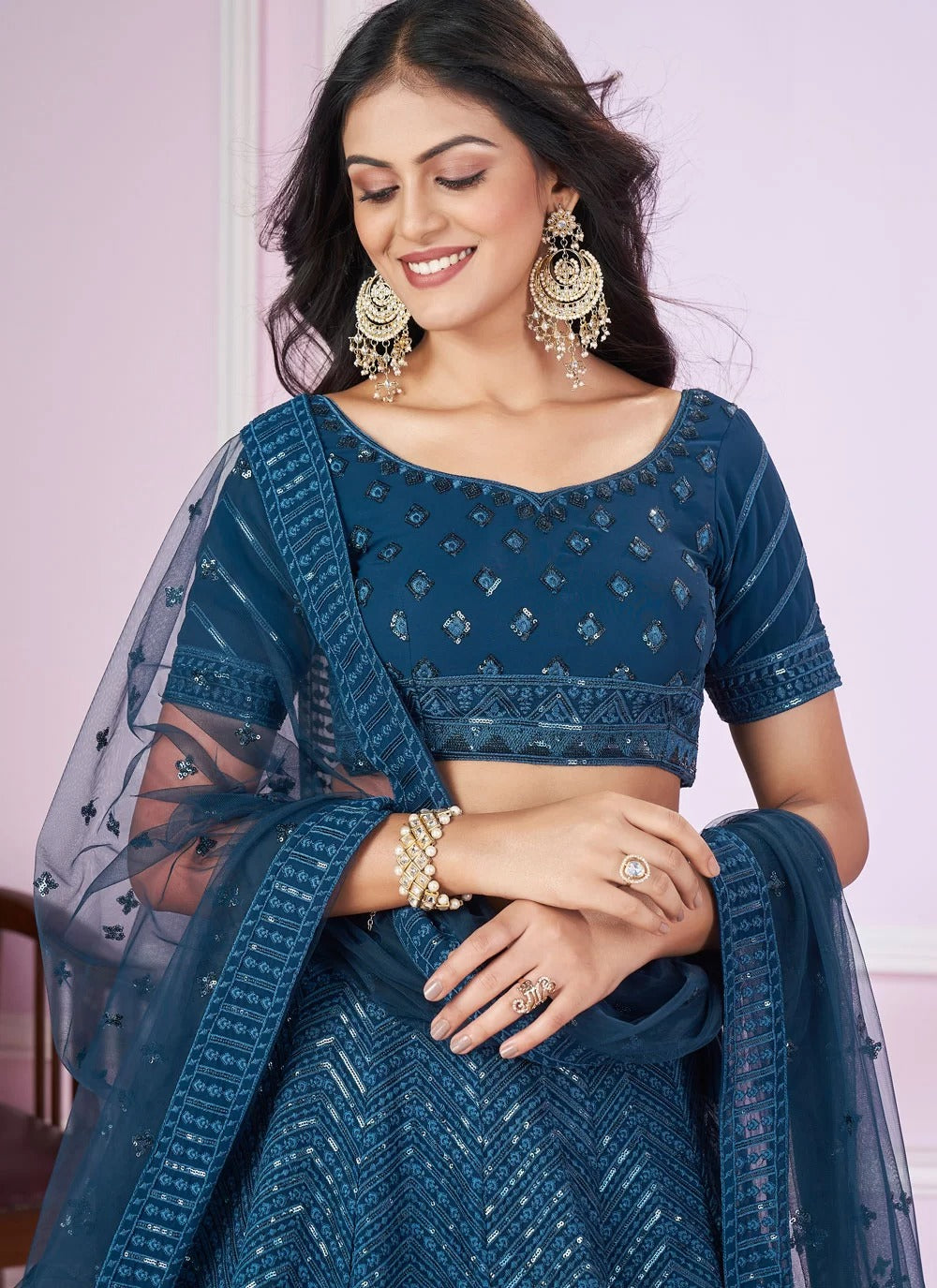 Stylish blue georgette lehenga for reception wear