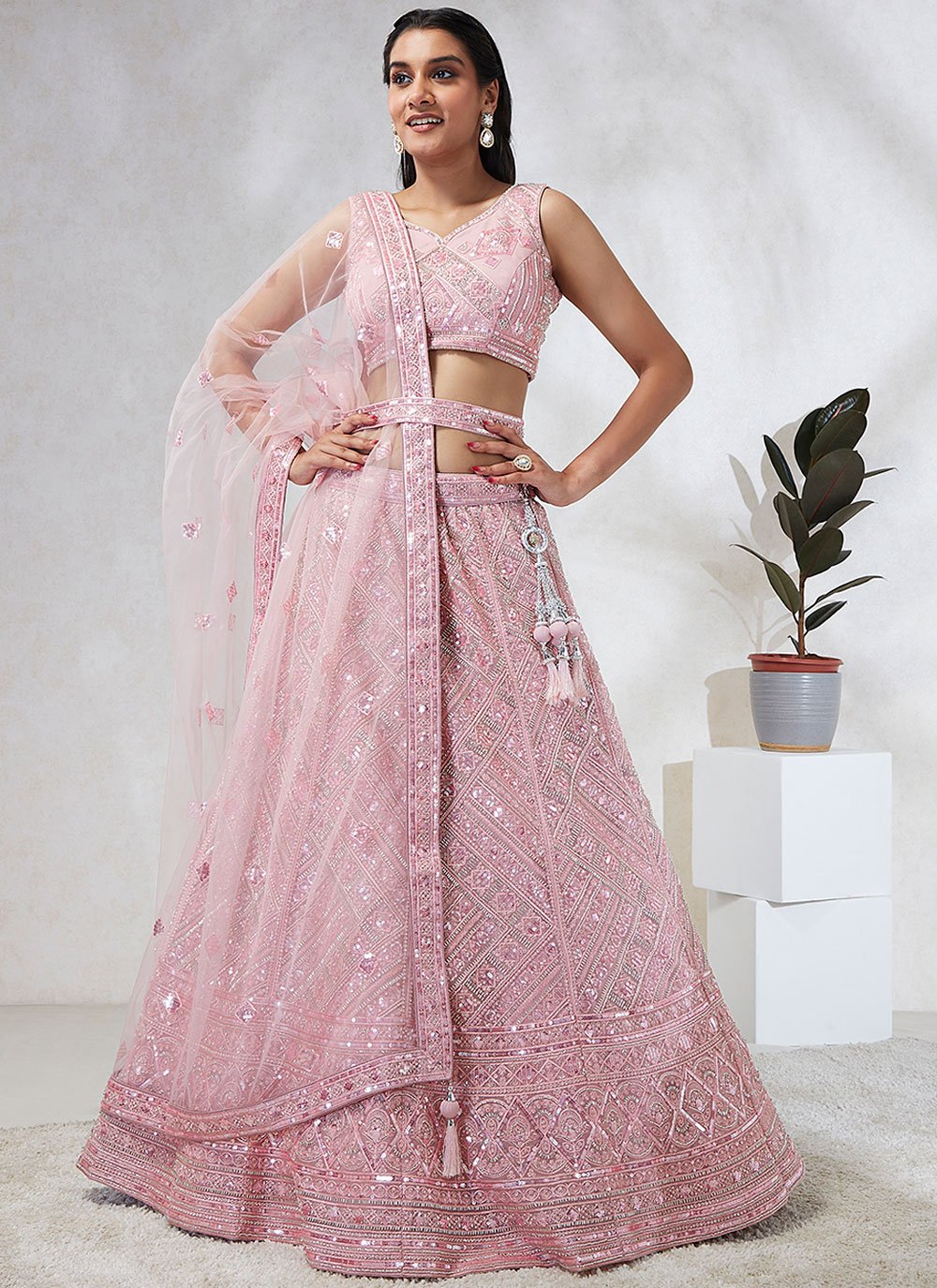 Blush Pink Net Lehenga Choli With Exquisite Thread Embroidery and Sequins Detailing