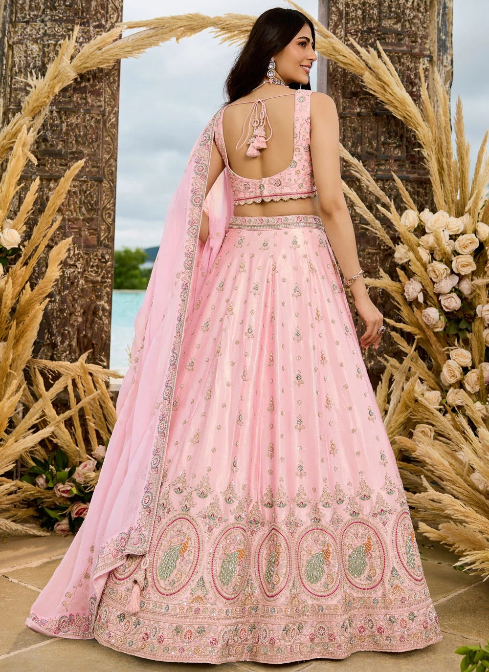 Designer blush pink wedding guest lehenga for women