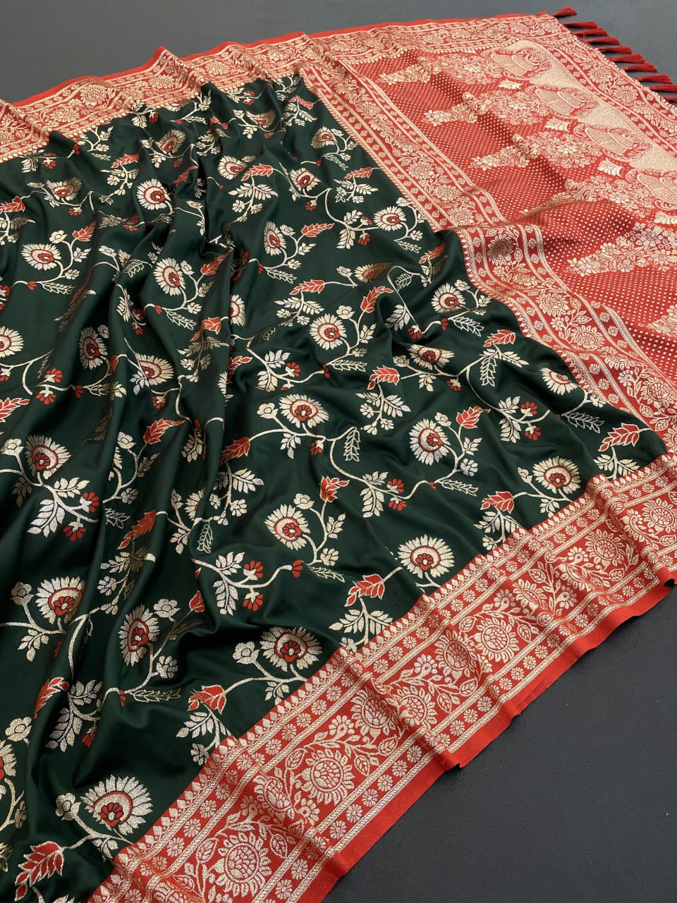 Bottle Green Banarasi Soft Silk Saree with Rose Gold Zari