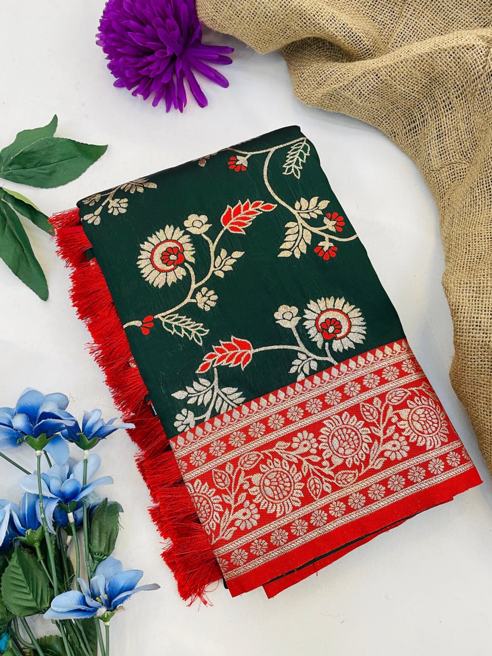 Bottle green Banarasi soft silk saree for wedding with rose gold zari meenakari and contrast pallu