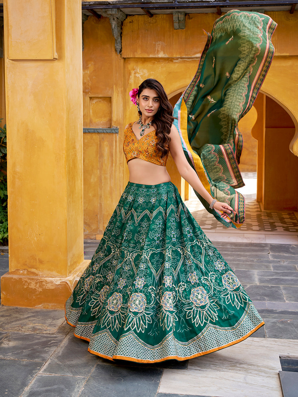bottle green vaishali silk lehenga choli