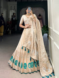 Bottle Green Color Mirror And Bids (Moti) Handwork Shimmer With Weaving Work Lehenga Choli