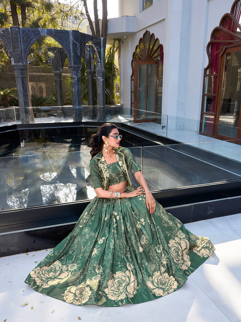 Bottle Green Floral Print Tussar Silk Co-ord Set lehenga Choli