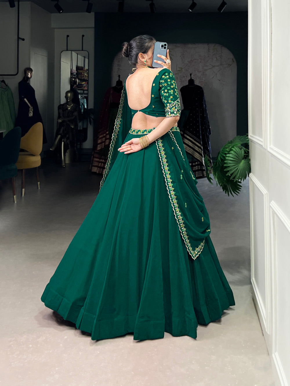 Bottle Green Color Thread Embroidery Work Georgette Lehenga Choli