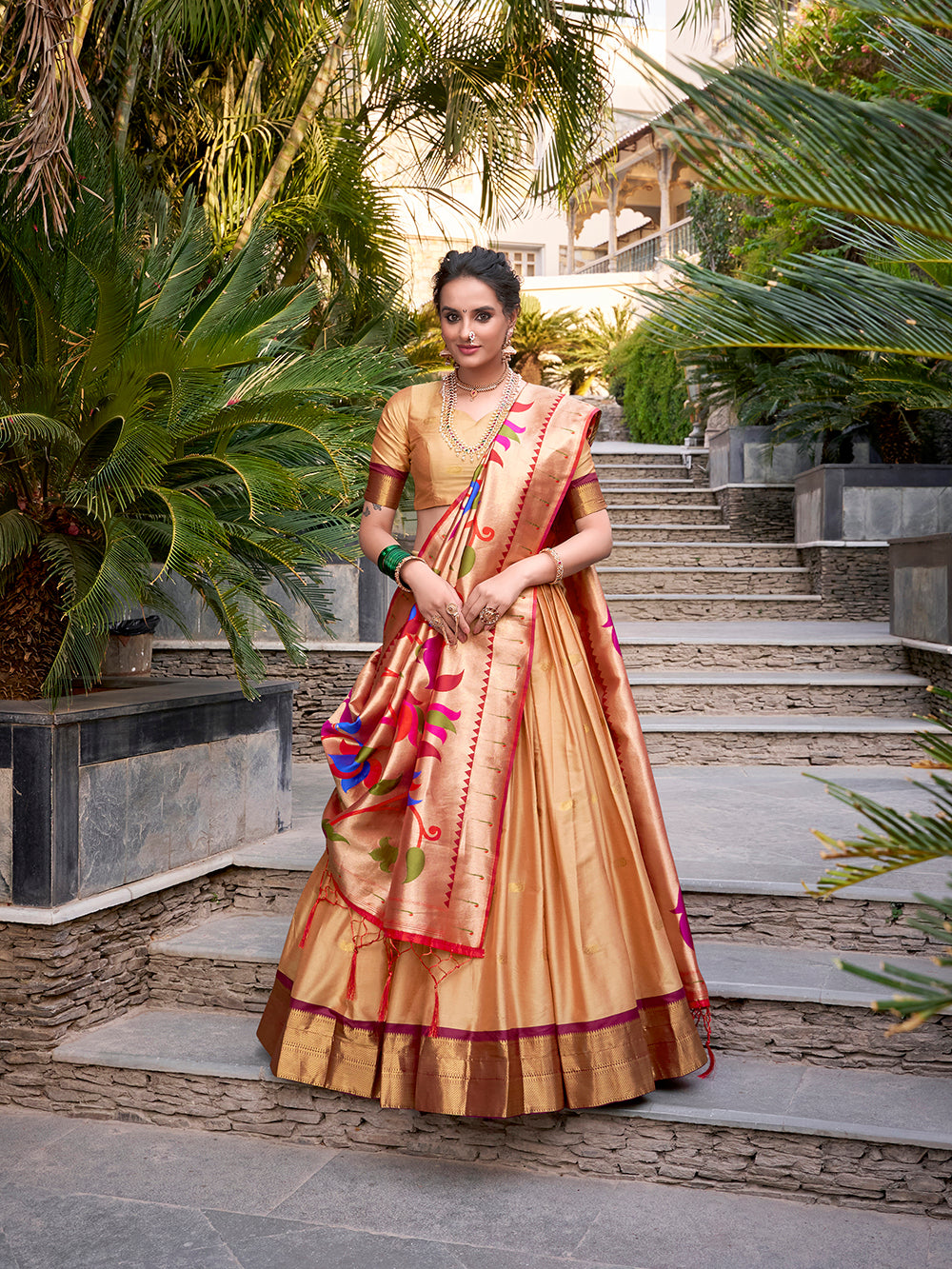 Chiku Color Zari Weaving Work Jacquard Silk(Paithani) Lehenga Choli