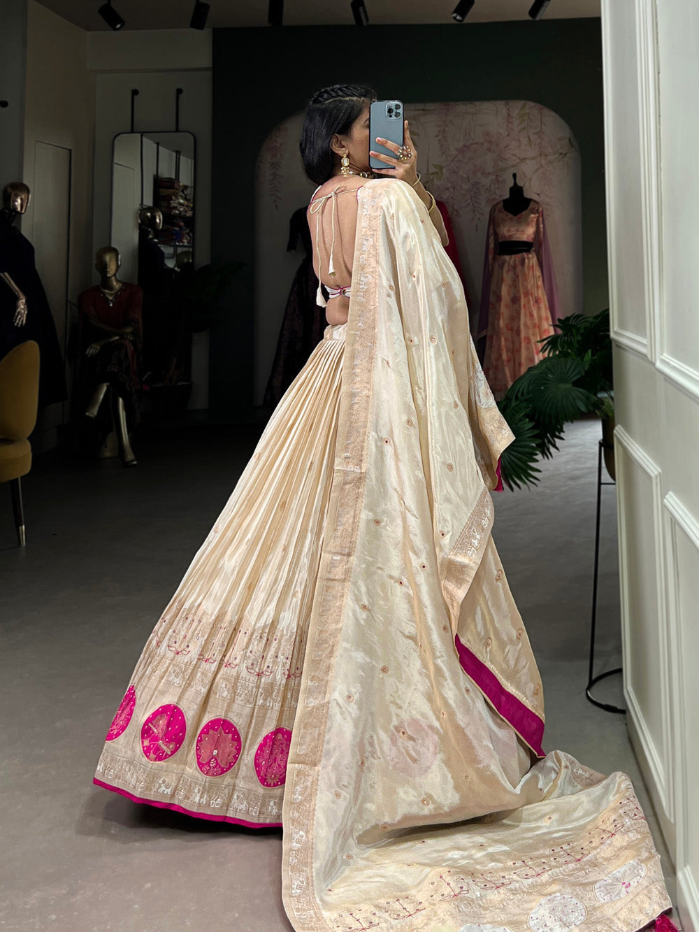 Pink Color Mirror And Bids (Moti) Handwork Shimmer With Weaving Work Lehenga Choli