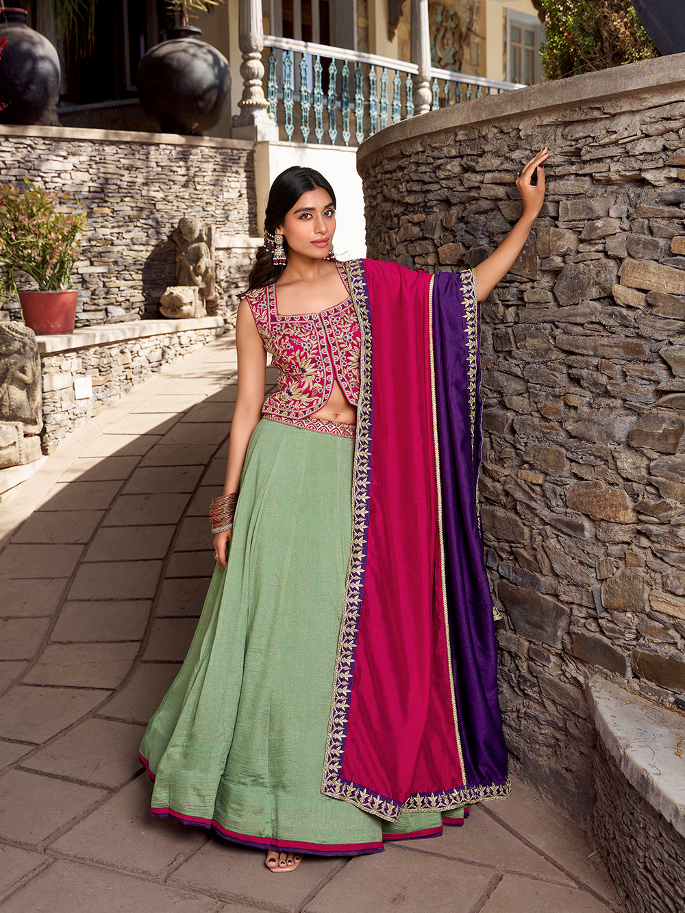 See Green Color Plain With Sequins And Thread Embroidery Work Vichitra Silk Lehenga choli