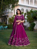 Wine Color Sequins And Thread Embroidery Work Vichitra Silk Lehenga Choli