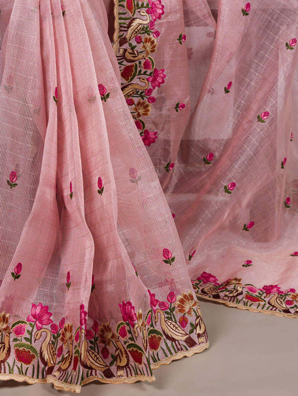 Floral thread embroidered pink saree