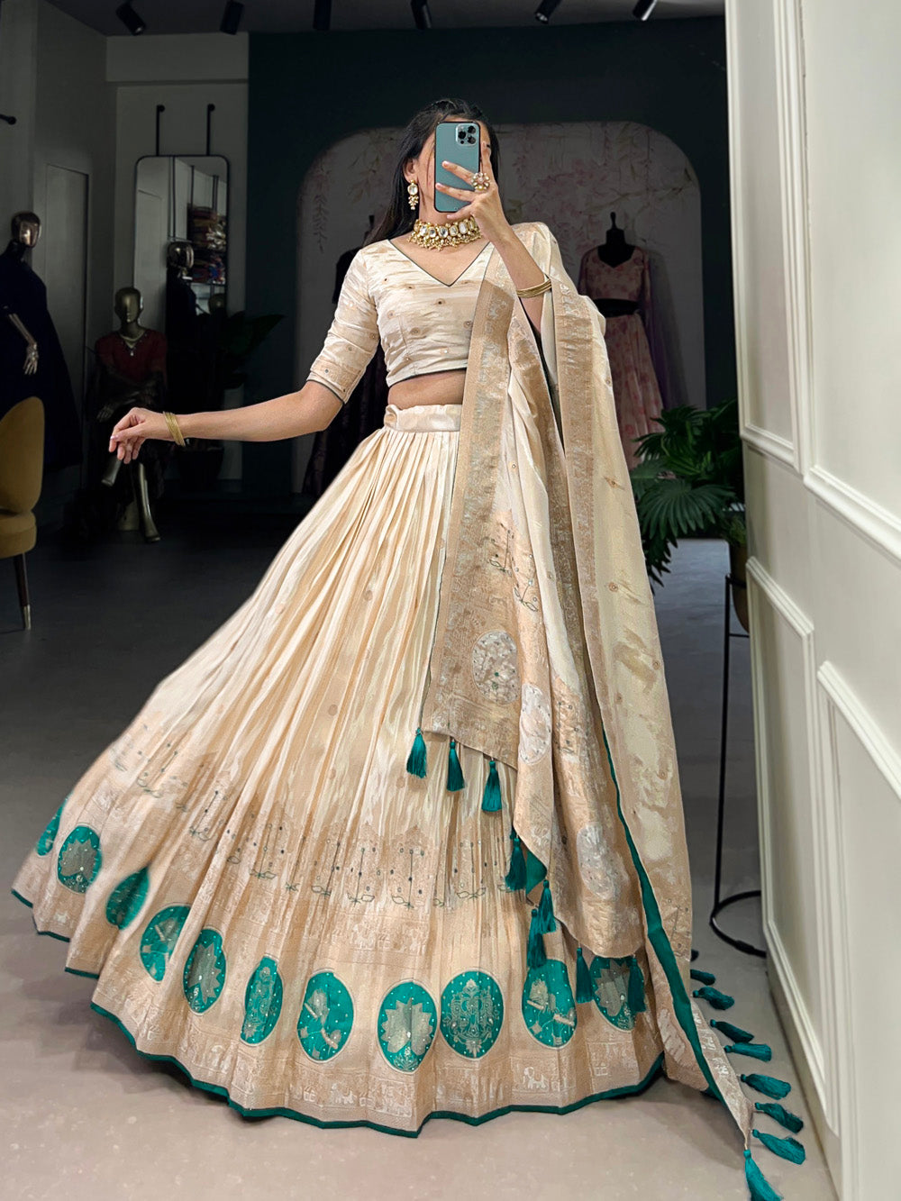 Bottle Green Color Mirror And Bids (Moti) Handwork Shimmer With Weaving Work Lehenga Choli