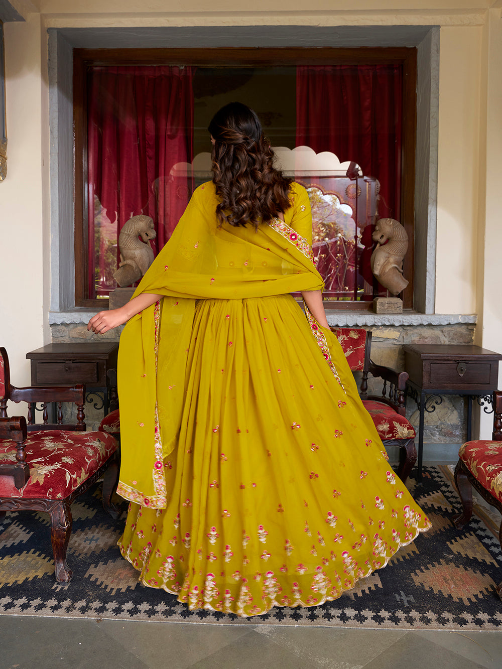 Mustard Color Sequins And Thread Embroidery Work Georgette Lehenga Choli
