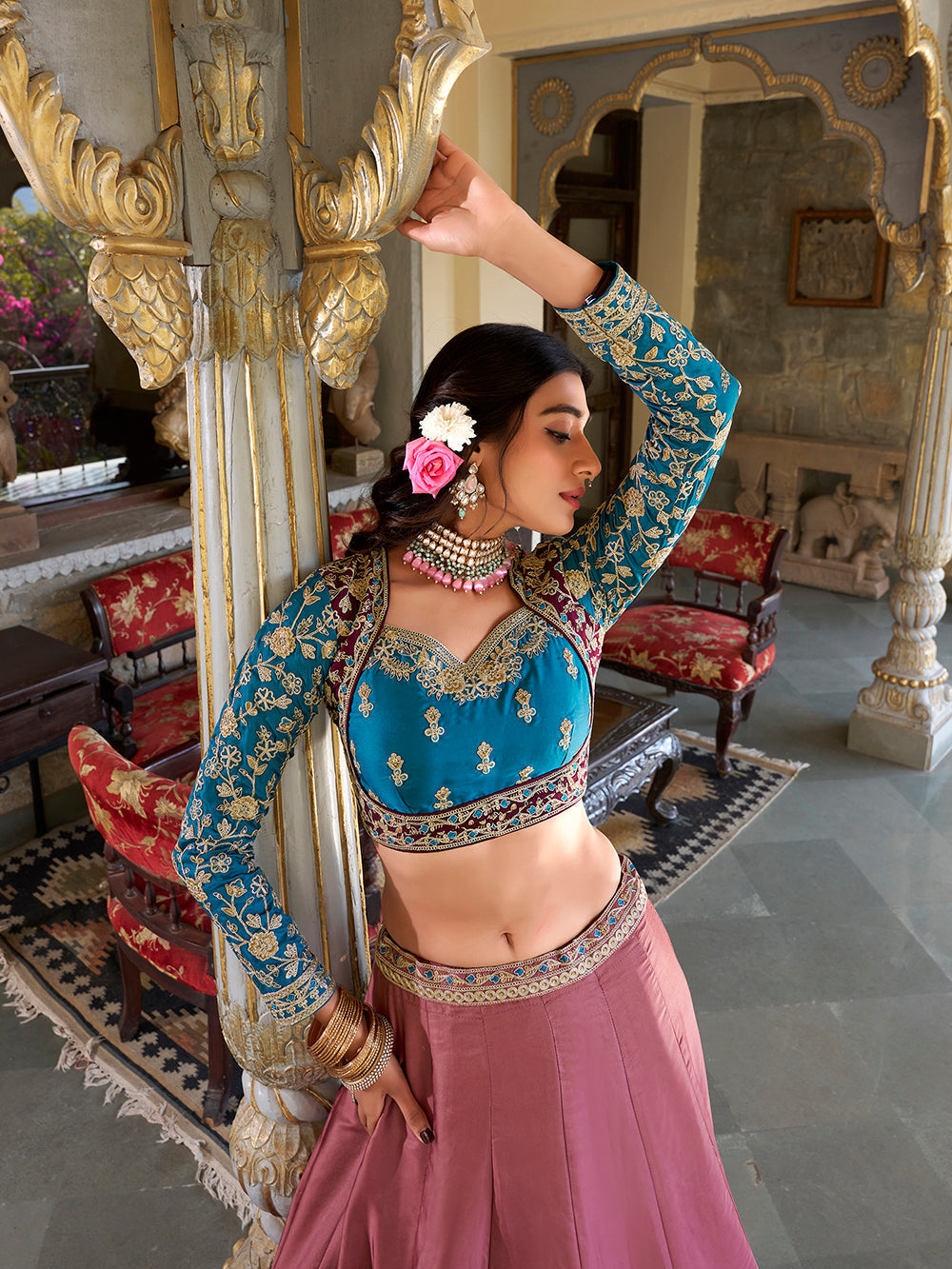 Peach Color Sequins And Thread Embroidery Work Moonga Silk Lehenga Choli