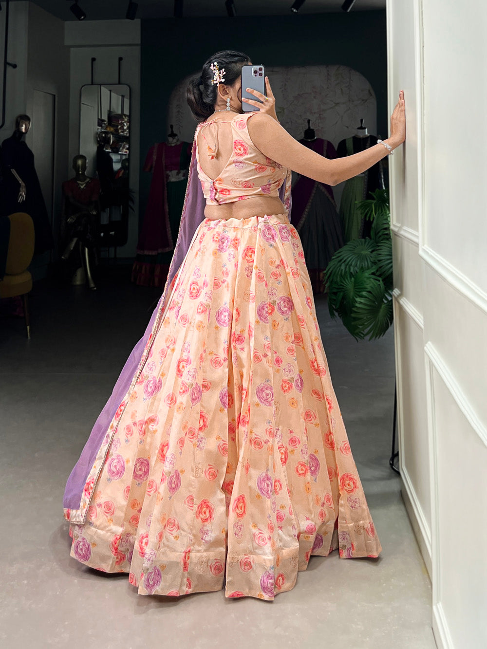 Peach Color Tussar Silk Floral Print With Handwork Lehenga Choli