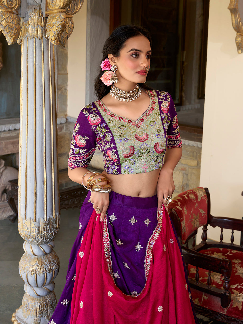 Purple Color Sequins And Thread Embroidery Work Vichitra Silk Lehenga Choli