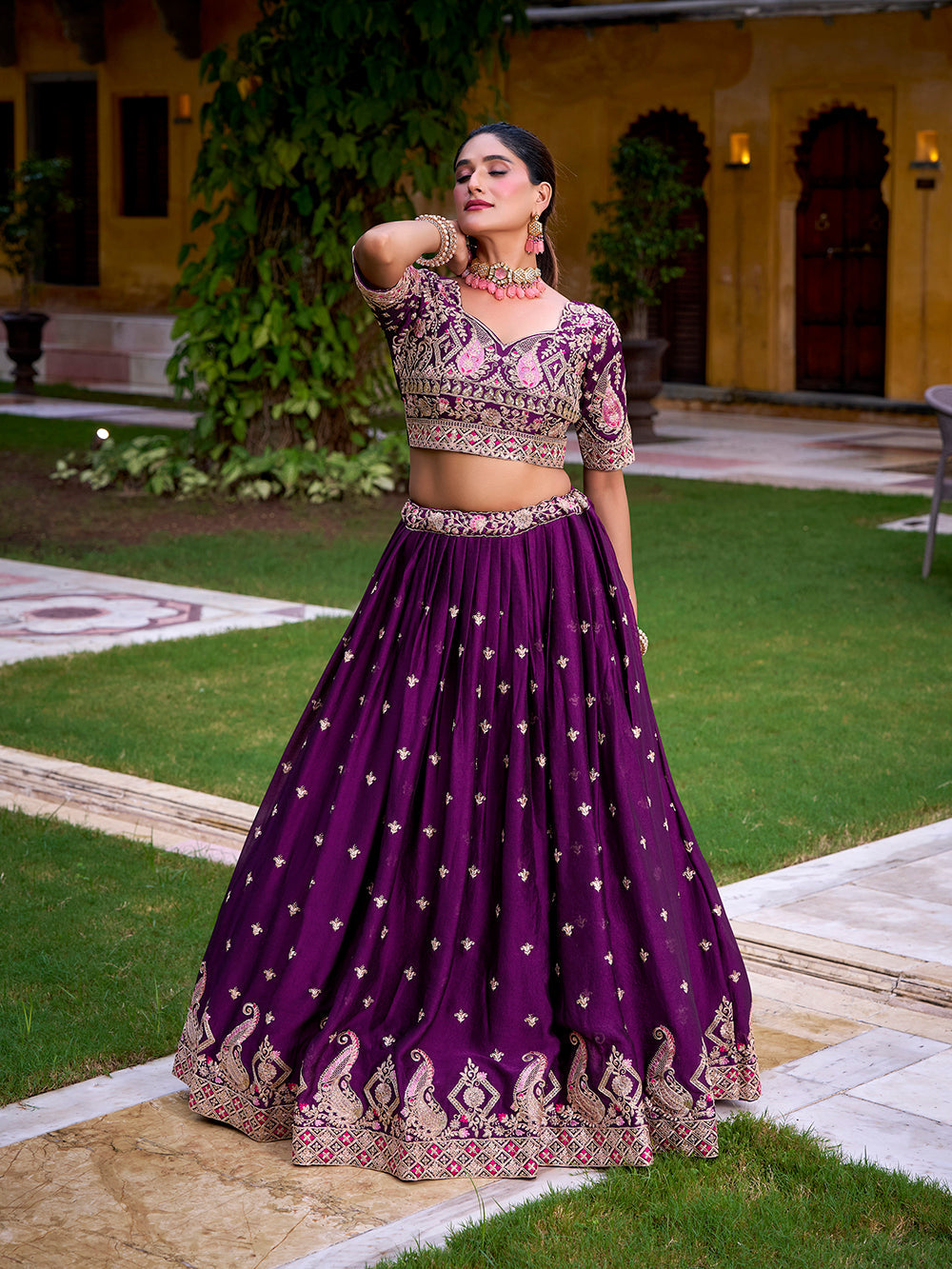 Semi-Stitched Purple Lehenga with Can-Can and Canvas