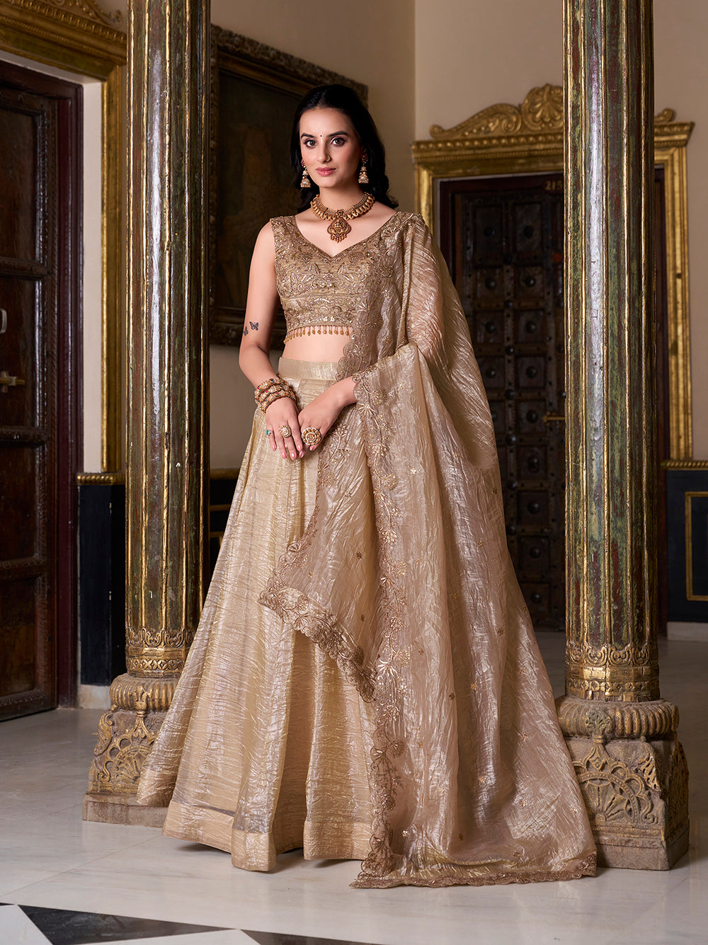 Chiku gold crush lehenga choli with heavy flair