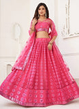 Bright Pink Designer Sequins Thread Embroidery Lehenga