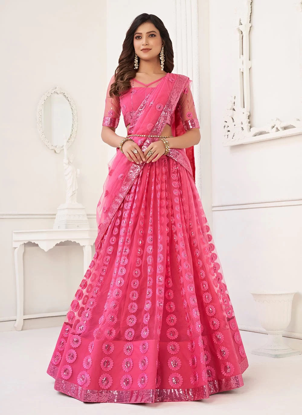 Bright Pink Designer Sequins Thread Embroidery Lehenga