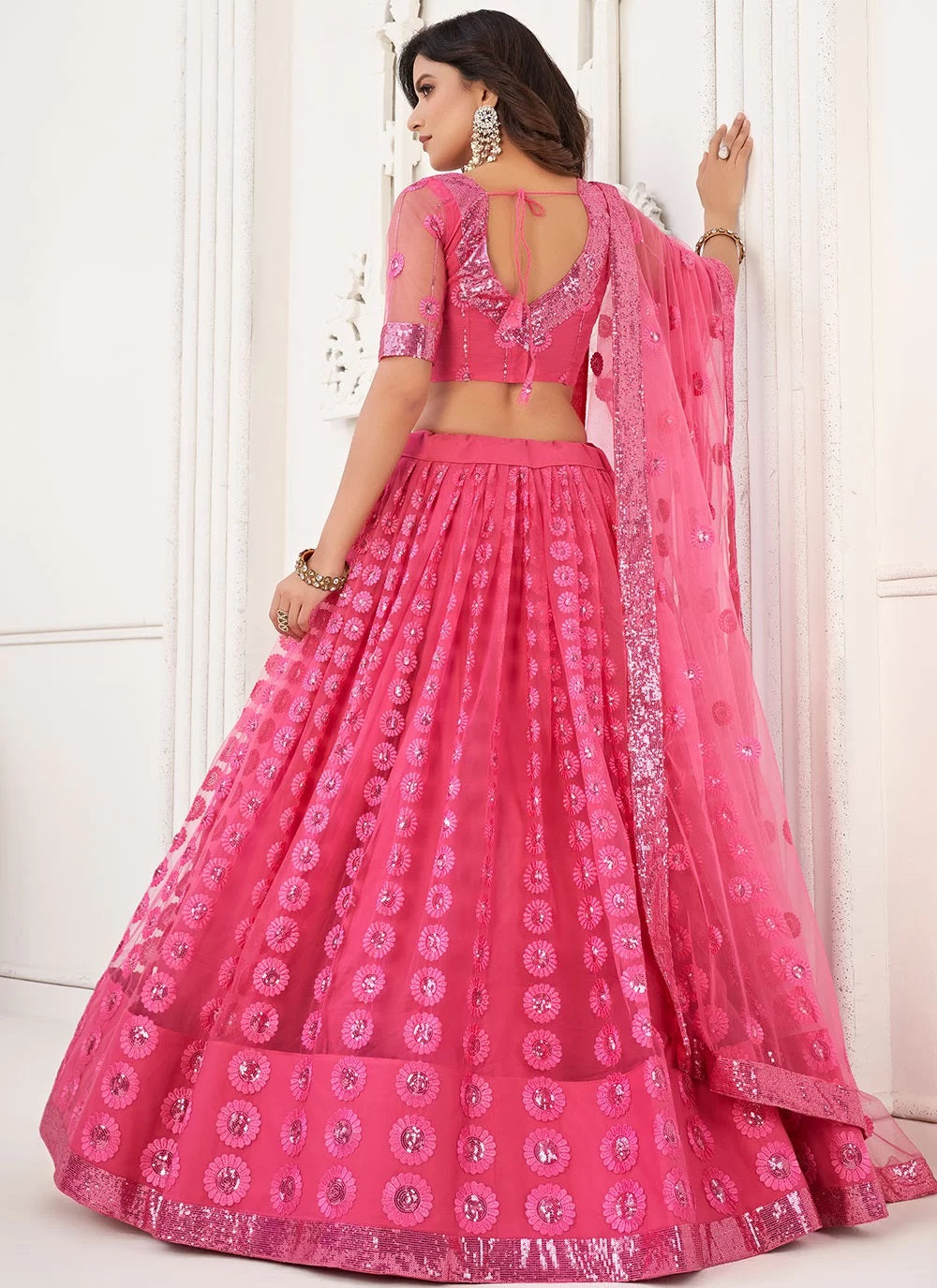 Bright Pink Designer Sequins Thread Embroidery Lehenga