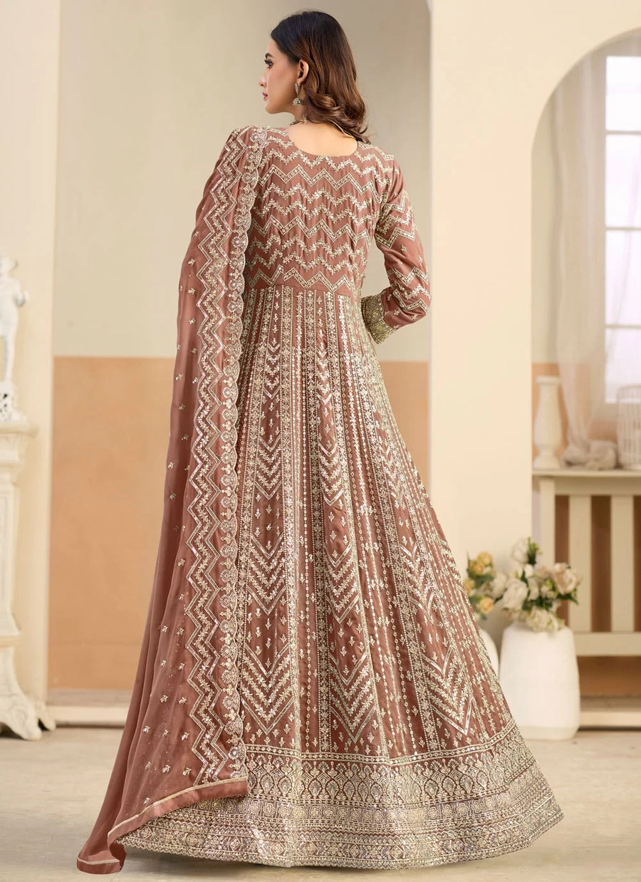 Elegant brown Anarkali suit for evening ethnic wear