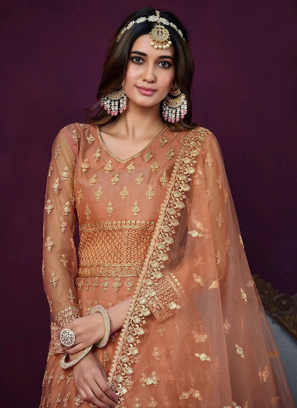 Brown Color Party Wear Anarkali Dress In Net