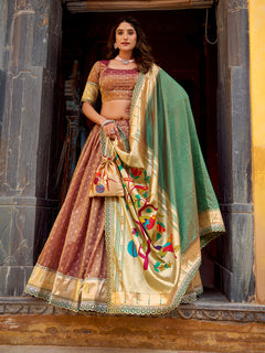 Brown Color Wedding Wear Simmer Organza Lehenga