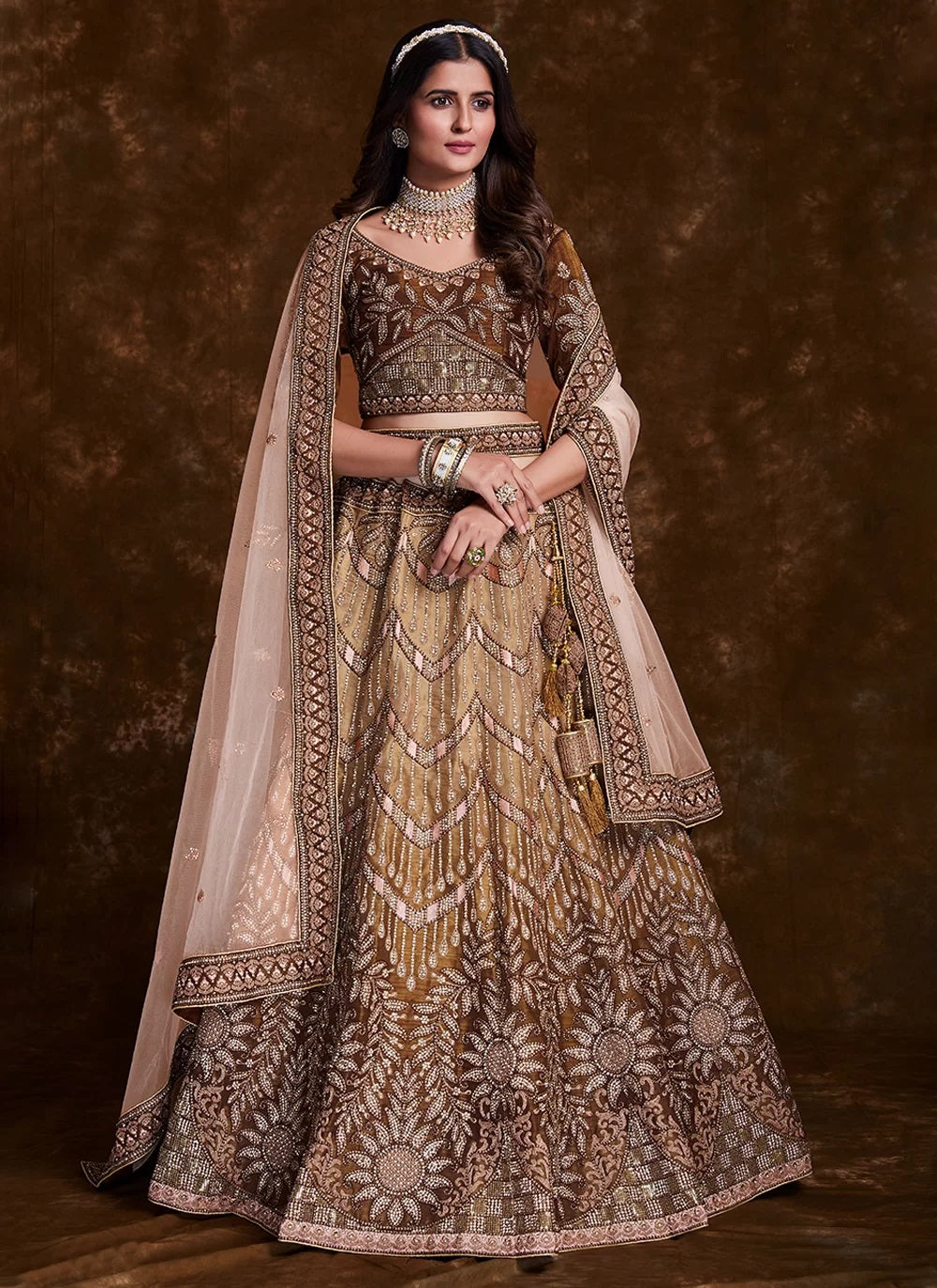 Brown Color Thread Sequins Work Wedding Lehenga Choli