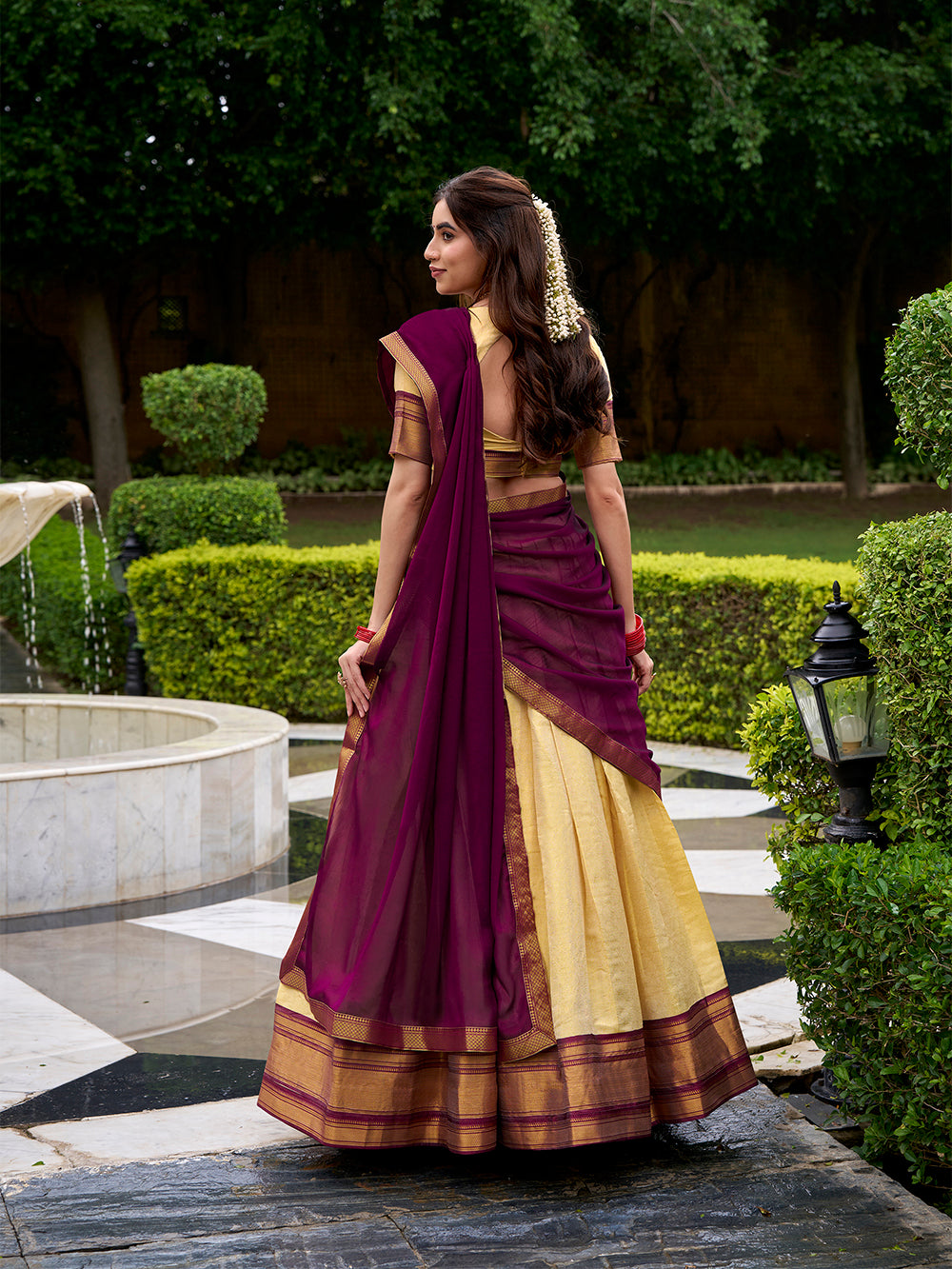 Zari weaving border brown Kanchipuram lehenga