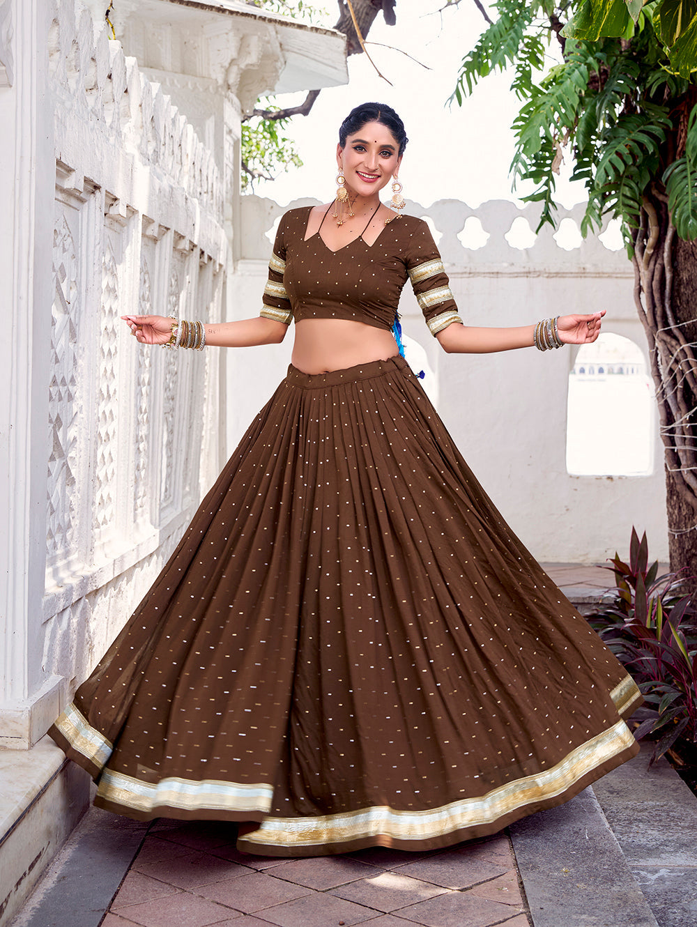Brown embossed lace lehenga set