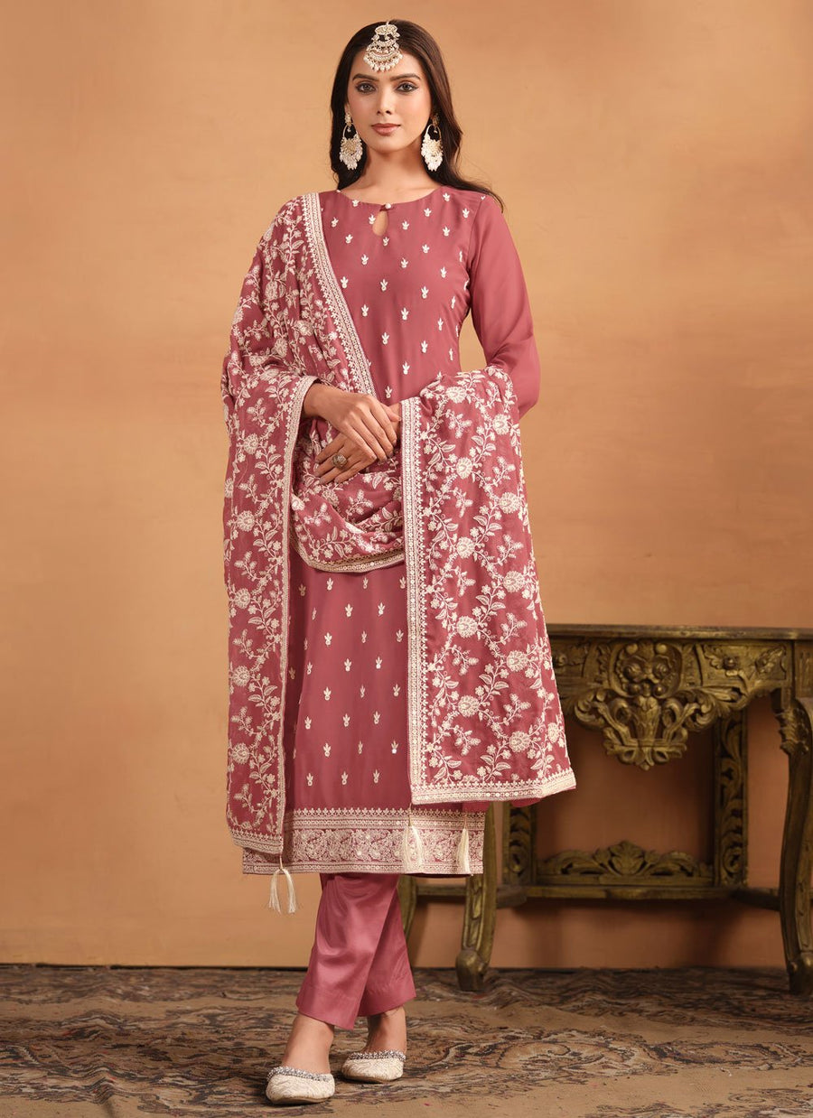 Brown Embroidered Faux Georgette Straight Cut Suit