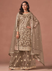 Brown palazzo salwar suit featuring intricate embroidery, sequins and zari work