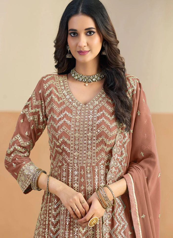 Brown faux georgette floor length Anarkali suit with embroidery